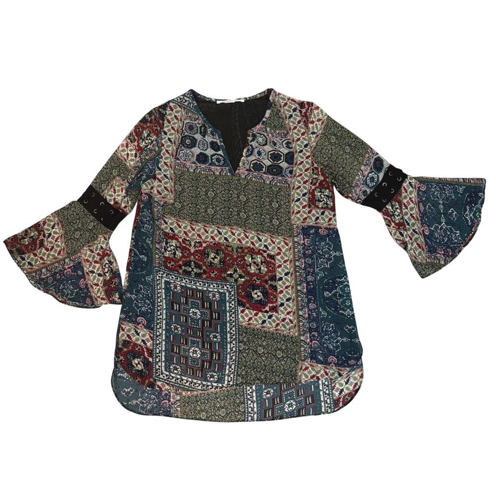 Fresh FX Patchwork Boho Cottagecore Print Bell Sleeve Tunic  V-Neck  M NWOT